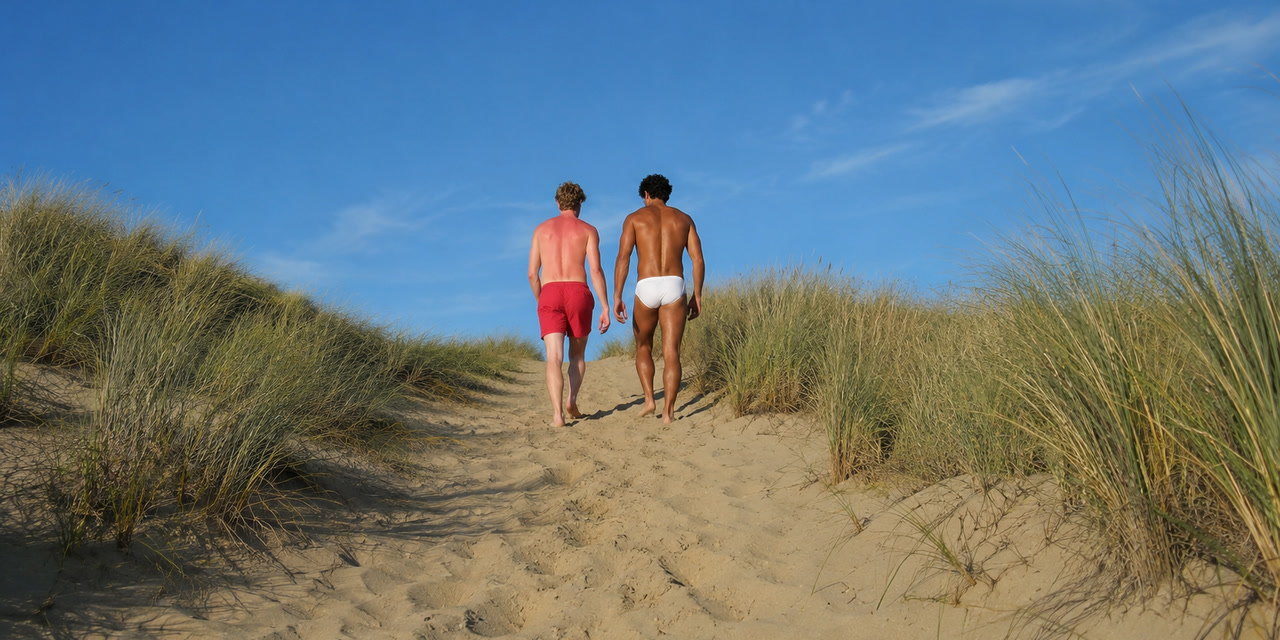 Twee mensen lopen over een zandpad door de duinen omhoog, onder een strakblauwe lucht. Beeld uit de video van Zout op onze huid.